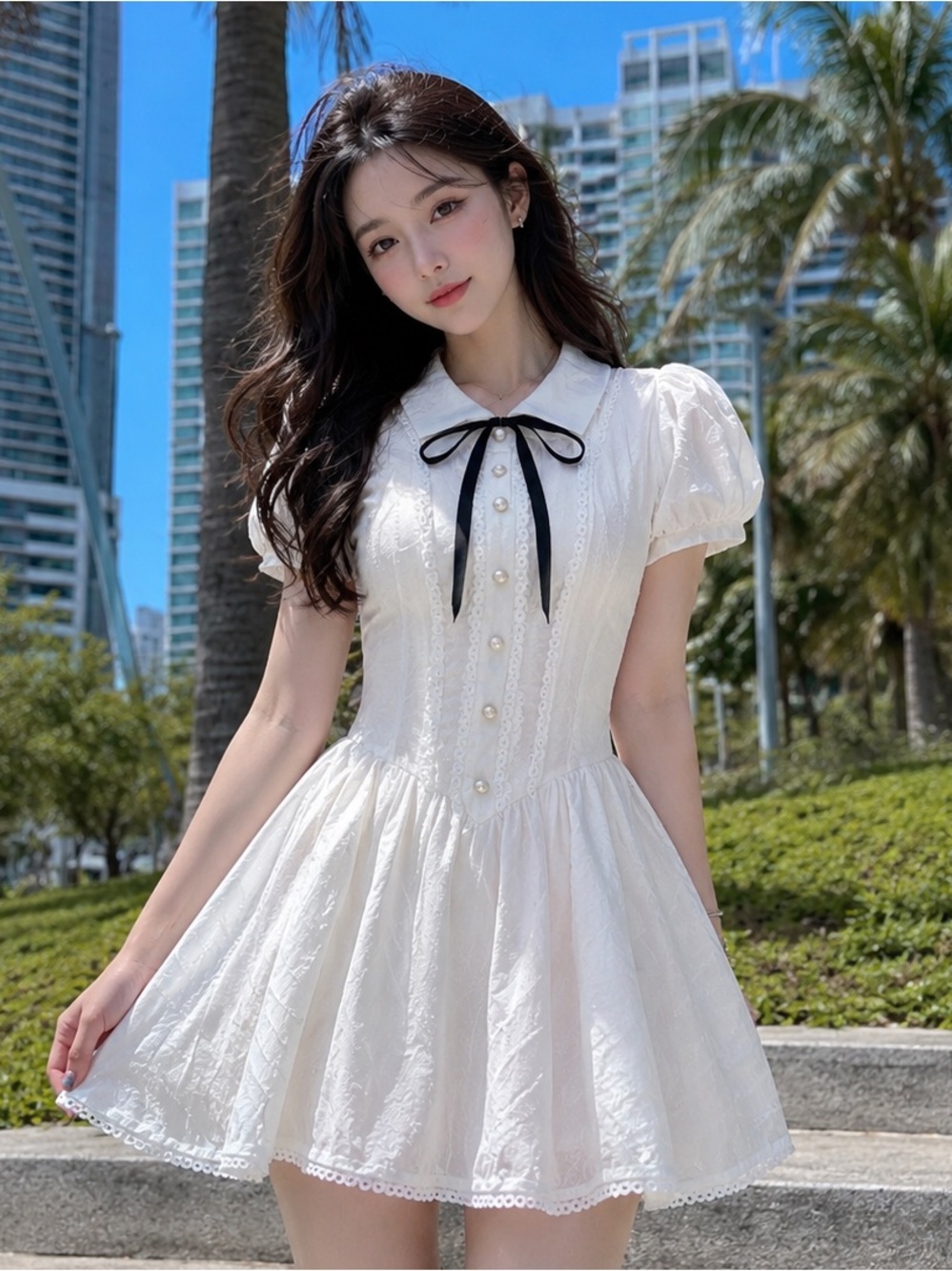 White Lace Short Fit-and-Flare mini Dress with Peter Pan Collar